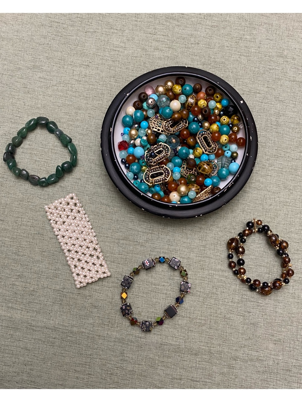 Vintage Bag Multi-Color Beads from Broken Jewelry with 4 Bracelets to Wear